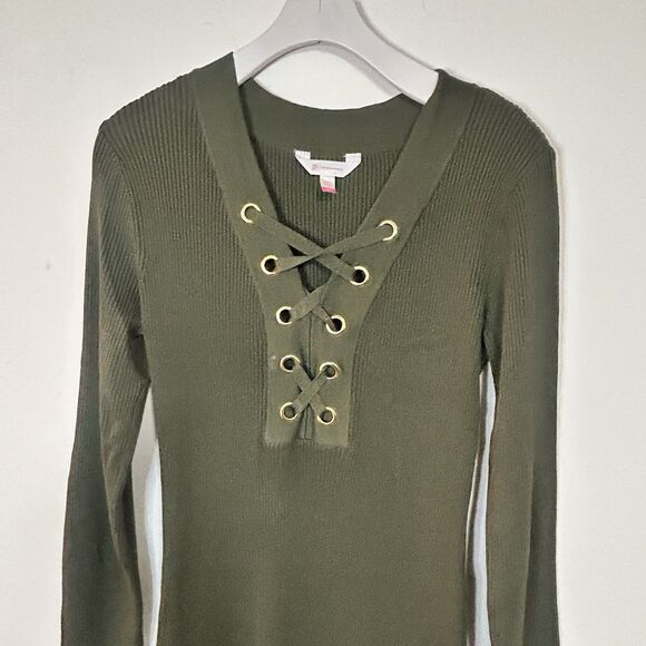 NOBO Lace Up Sweater Dress Olive Green Rib Knit Bodycon Large - Picture 3 of 8